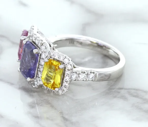 Multicolor Sapphire Ring with Diamond Halo in 18K White Gold