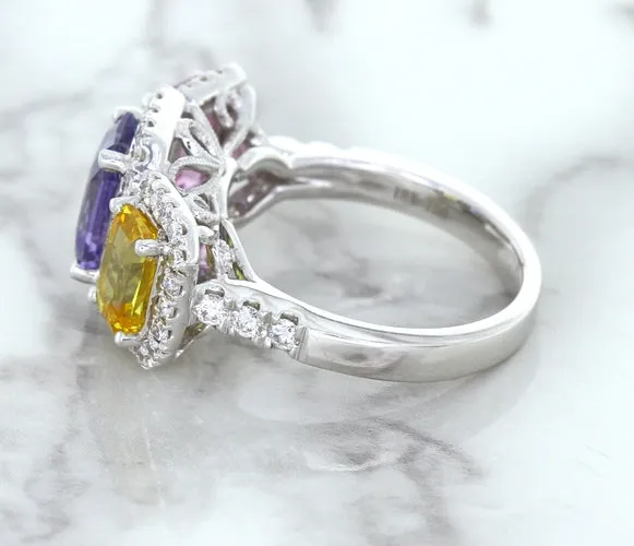 Multicolor Sapphire Ring with Diamond Halo in 18K White Gold