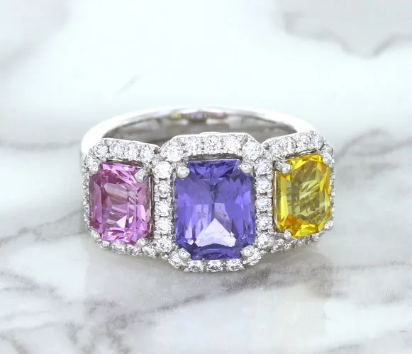 Multicolor Sapphire Ring with Diamond Halo in 18K White Gold