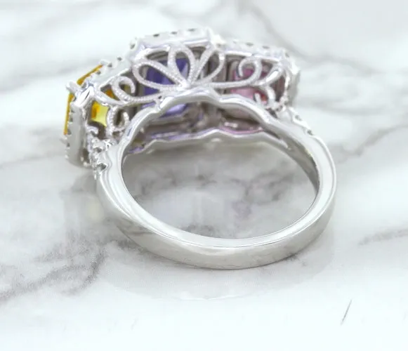 Multicolor Sapphire Ring with Diamond Halo in 18K White Gold