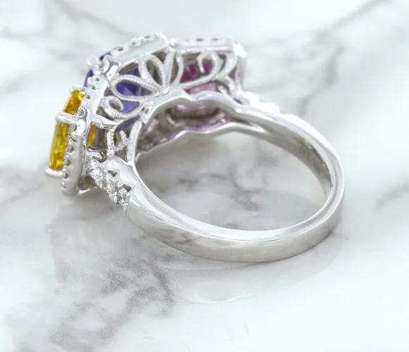 Multicolor Sapphire Ring with Diamond Halo in 18K White Gold