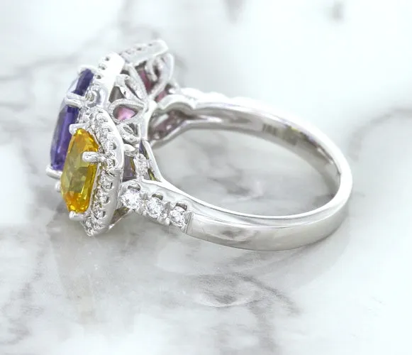 Multicolor Sapphire Ring with Diamond Halo in 18K White Gold