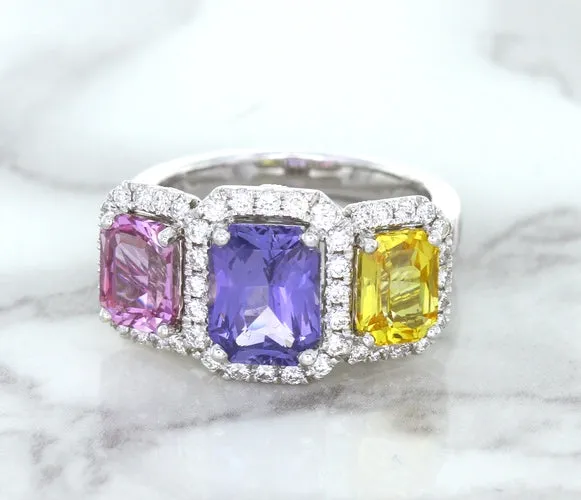 Multicolor Sapphire Ring with Diamond Halo in 18K White Gold