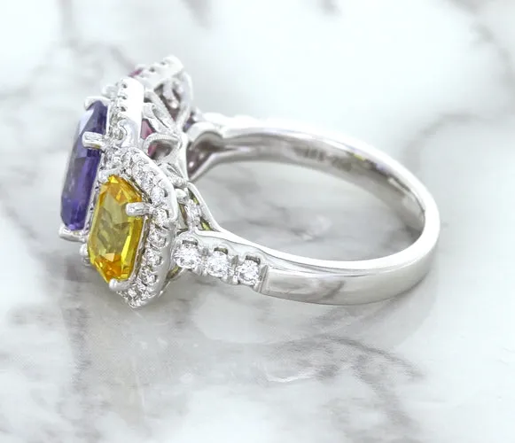 Multicolor Sapphire Ring with Diamond Halo in 18K White Gold