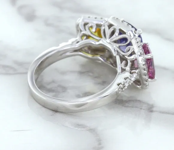 Multicolor Sapphire Ring with Diamond Halo in 18K White Gold