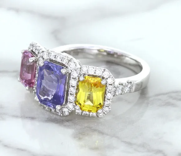 Multicolor Sapphire Ring with Diamond Halo in 18K White Gold
