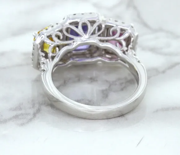 Multicolor Sapphire Ring with Diamond Halo in 18K White Gold