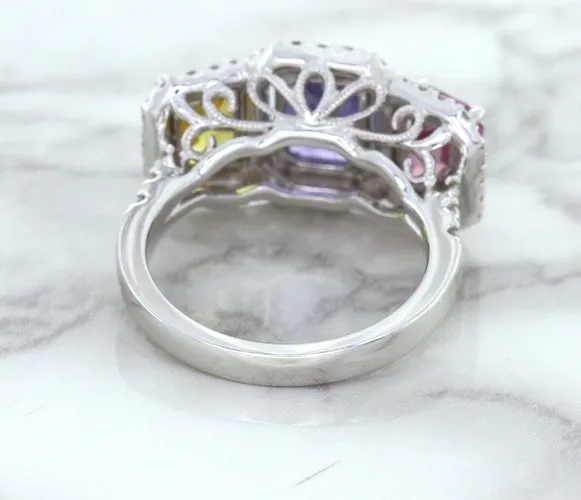 Multicolor Sapphire Ring with Diamond Halo in 18K White Gold