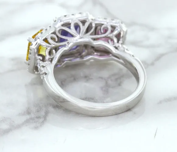 Multicolor Sapphire Ring with Diamond Halo in 18K White Gold
