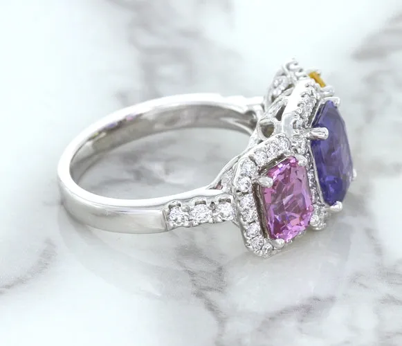 Multicolor Sapphire Ring with Diamond Halo in 18K White Gold