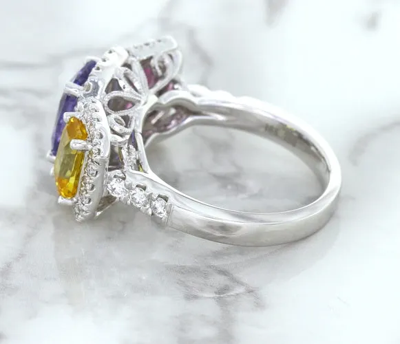 Multicolor Sapphire Ring with Diamond Halo in 18K White Gold