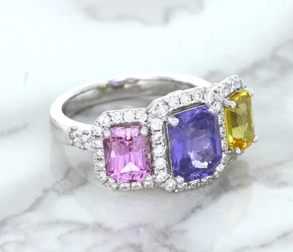 Multicolor Sapphire Ring with Diamond Halo in 18K White Gold