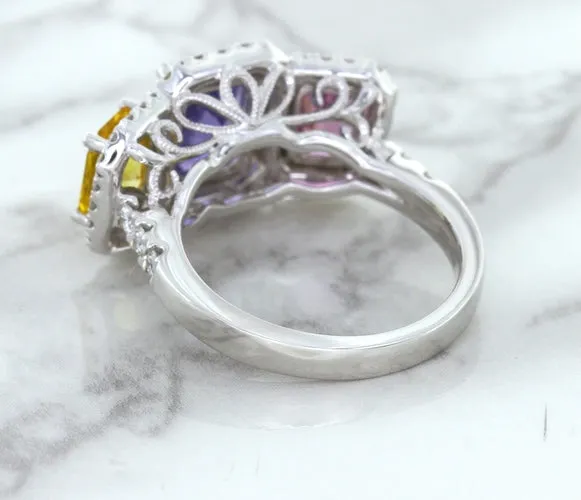 Multicolor Sapphire Ring with Diamond Halo in 18K White Gold