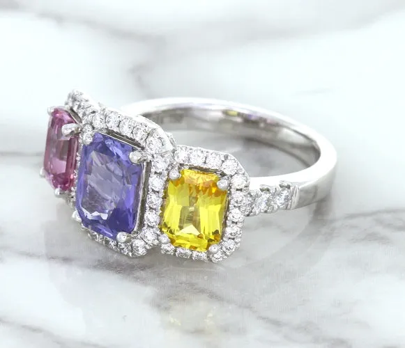 Multicolor Sapphire Ring with Diamond Halo in 18K White Gold