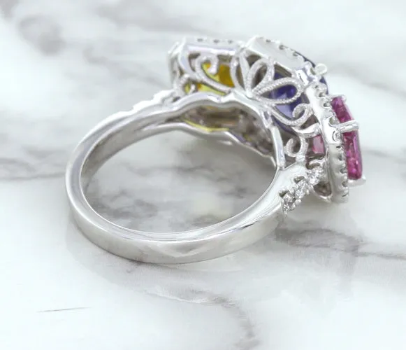 Multicolor Sapphire Ring with Diamond Halo in 18K White Gold