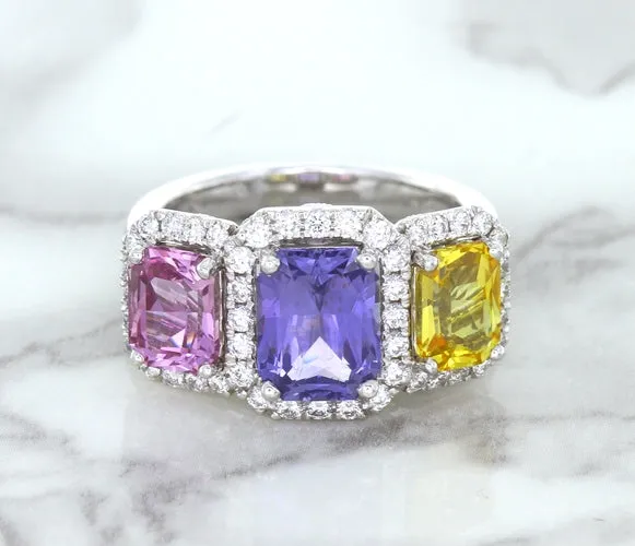 Multicolor Sapphire Ring with Diamond Halo in 18K White Gold