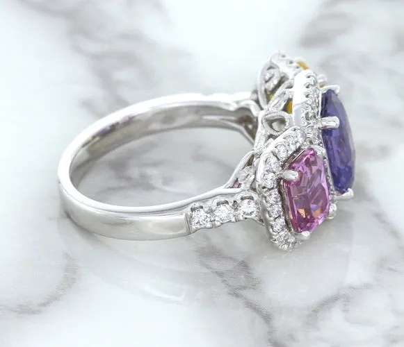 Multicolor Sapphire Ring with Diamond Halo in 18K White Gold