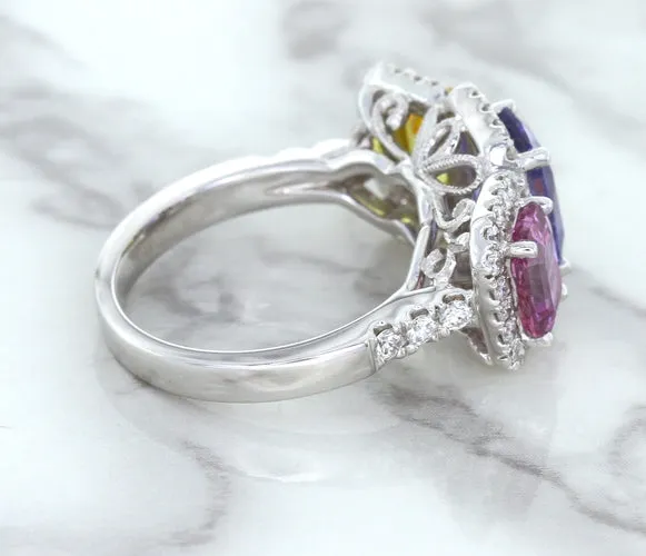 Multicolor Sapphire Ring with Diamond Halo in 18K White Gold