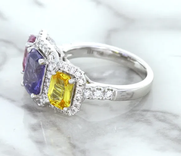 Multicolor Sapphire Ring with Diamond Halo in 18K White Gold