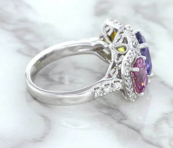 Multicolor Sapphire Ring with Diamond Halo in 18K White Gold