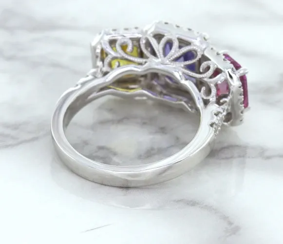 Multicolor Sapphire Ring with Diamond Halo in 18K White Gold