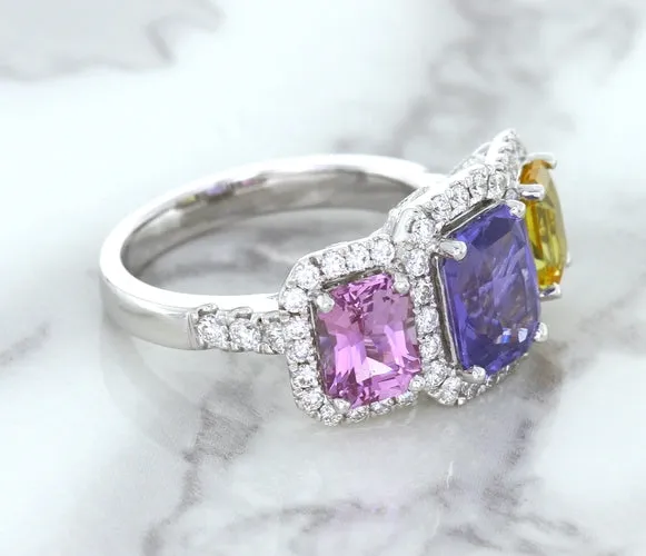 Multicolor Sapphire Ring with Diamond Halo in 18K White Gold