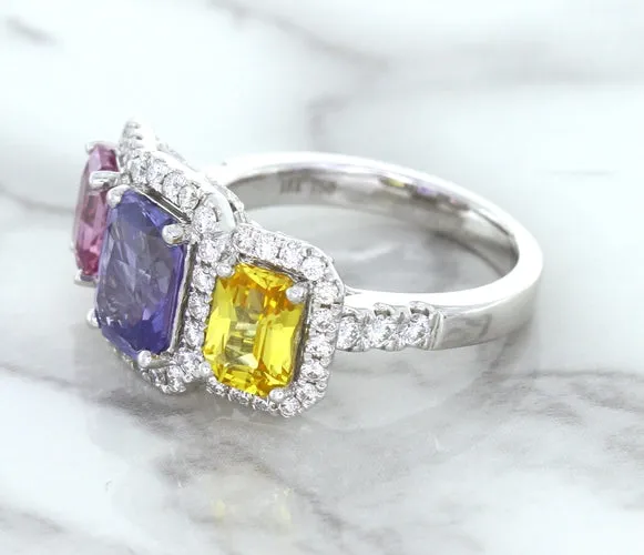 Multicolor Sapphire Ring with Diamond Halo in 18K White Gold