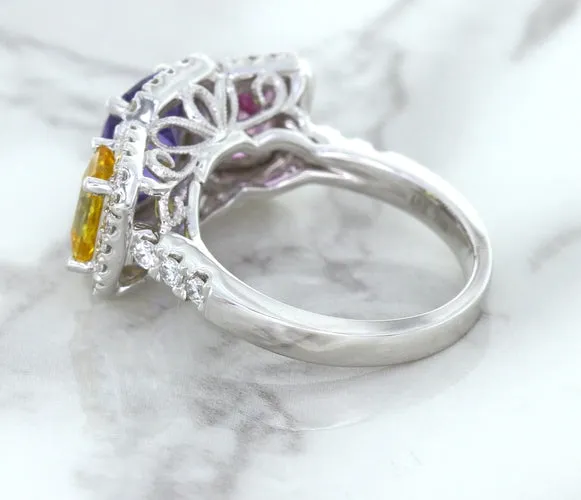 Multicolor Sapphire Ring with Diamond Halo in 18K White Gold