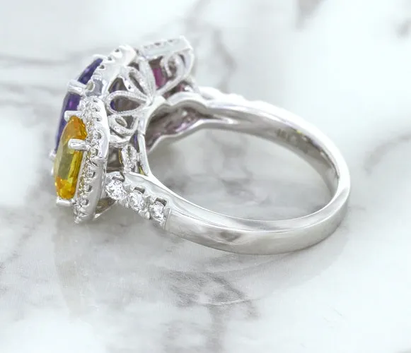 Multicolor Sapphire Ring with Diamond Halo in 18K White Gold