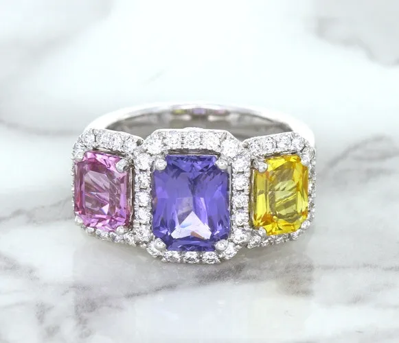 Multicolor Sapphire Ring with Diamond Halo in 18K White Gold