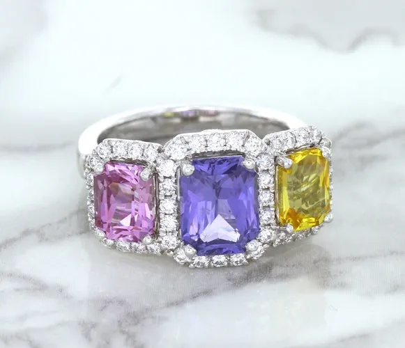 Multicolor Sapphire Ring with Diamond Halo in 18K White Gold