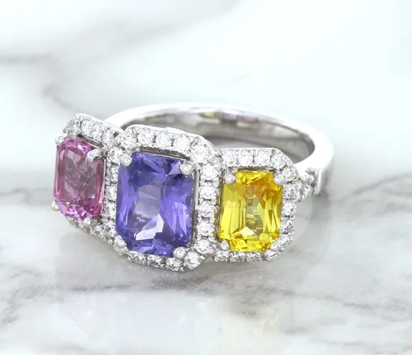 Multicolor Sapphire Ring with Diamond Halo in 18K White Gold