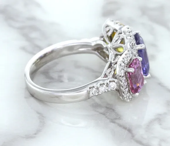 Multicolor Sapphire Ring with Diamond Halo in 18K White Gold