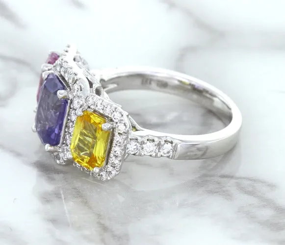 Multicolor Sapphire Ring with Diamond Halo in 18K White Gold