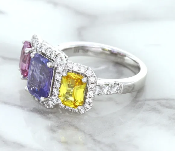 Multicolor Sapphire Ring with Diamond Halo in 18K White Gold