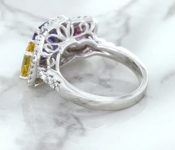 Multicolor Sapphire Ring with Diamond Halo in 18K White Gold