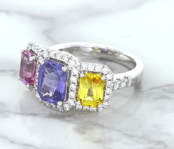 Multicolor Sapphire Ring with Diamond Halo in 18K White Gold