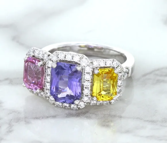 Multicolor Sapphire Ring with Diamond Halo in 18K White Gold