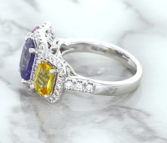Multicolor Sapphire Ring with Diamond Halo in 18K White Gold