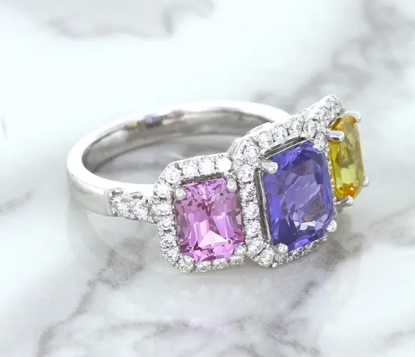 Multicolor Sapphire Ring with Diamond Halo in 18K White Gold