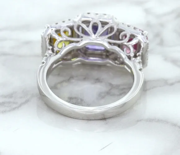 Multicolor Sapphire Ring with Diamond Halo in 18K White Gold