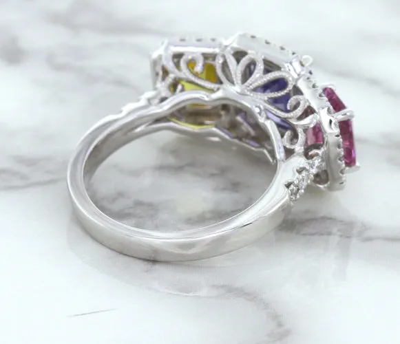 Multicolor Sapphire Ring with Diamond Halo in 18K White Gold