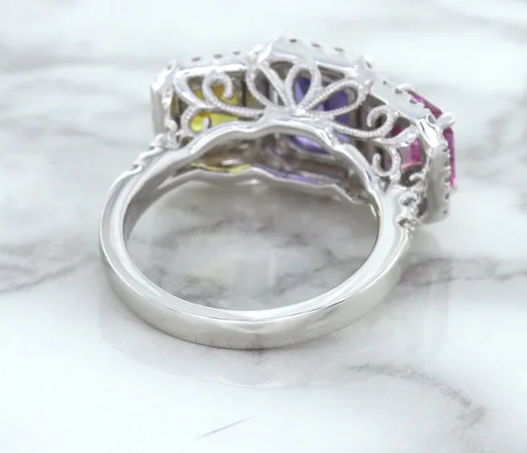Multicolor Sapphire Ring with Diamond Halo in 18K White Gold