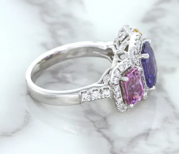 Multicolor Sapphire Ring with Diamond Halo in 18K White Gold