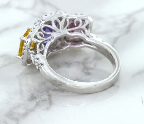 Multicolor Sapphire Ring with Diamond Halo in 18K White Gold