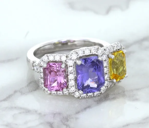 Multicolor Sapphire Ring with Diamond Halo in 18K White Gold