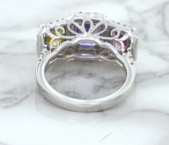 Multicolor Sapphire Ring with Diamond Halo in 18K White Gold