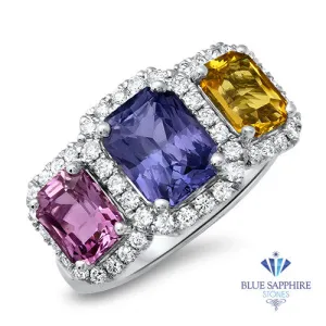 Multicolor Sapphire Ring with Diamond Halo in 18K White Gold