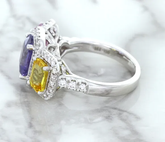 Multicolor Sapphire Ring with Diamond Halo in 18K White Gold