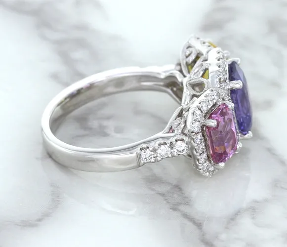 Multicolor Sapphire Ring with Diamond Halo in 18K White Gold
